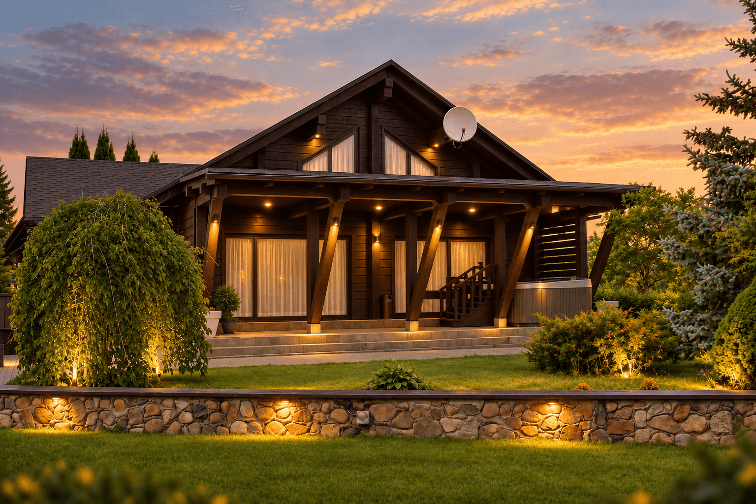 Spa House вечером — отдельное здание с бассейном, сауной и джакузи